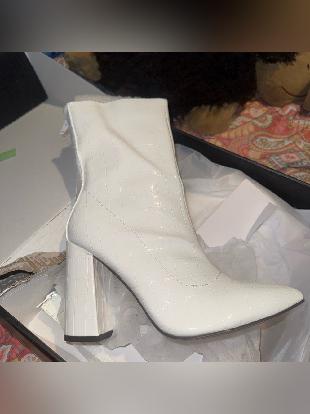 Fashion Nova White Croc-Embossed Pointed Block Heel Booties